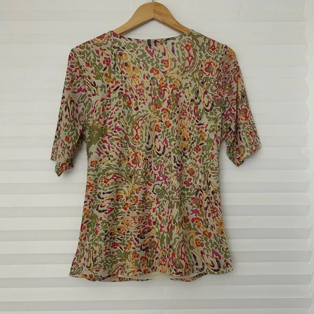 Cable & Gauge Womens L Faux Wrap Mesh Top Paisley Ruched V Neck Lined‎ RN165979